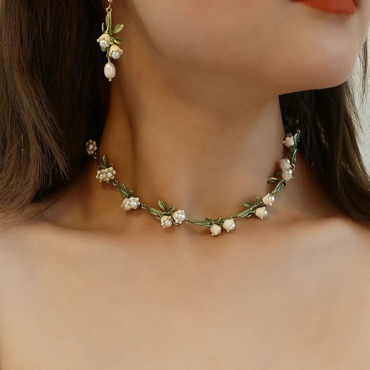 Lily of the Valley Pearl Choker Necklace. Bracelet. and Earrings Set