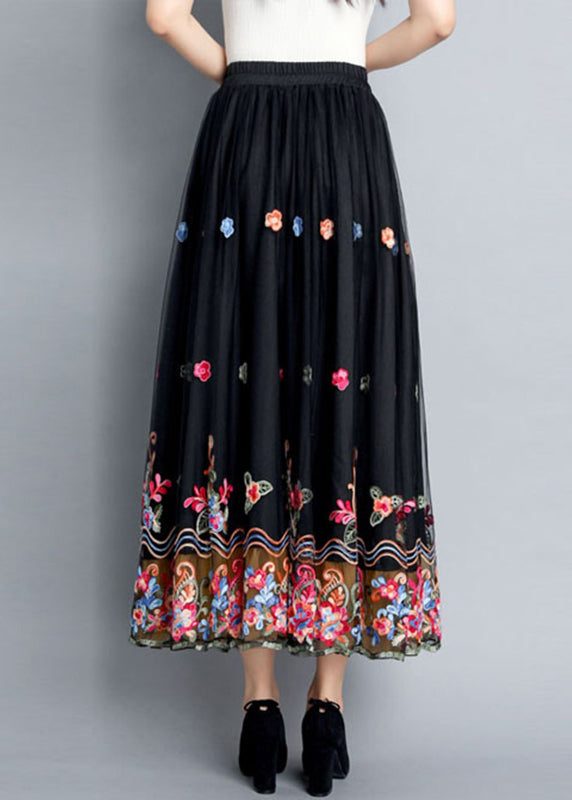 Vintage Black Embroidered Floral Tulle Maxi Skirts Summer