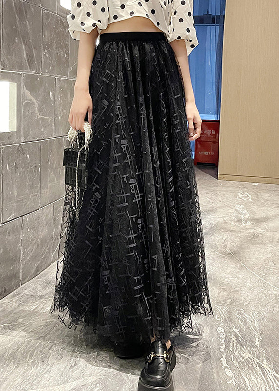 Black Graphic Elastic Waist Tulle Skirts Summer