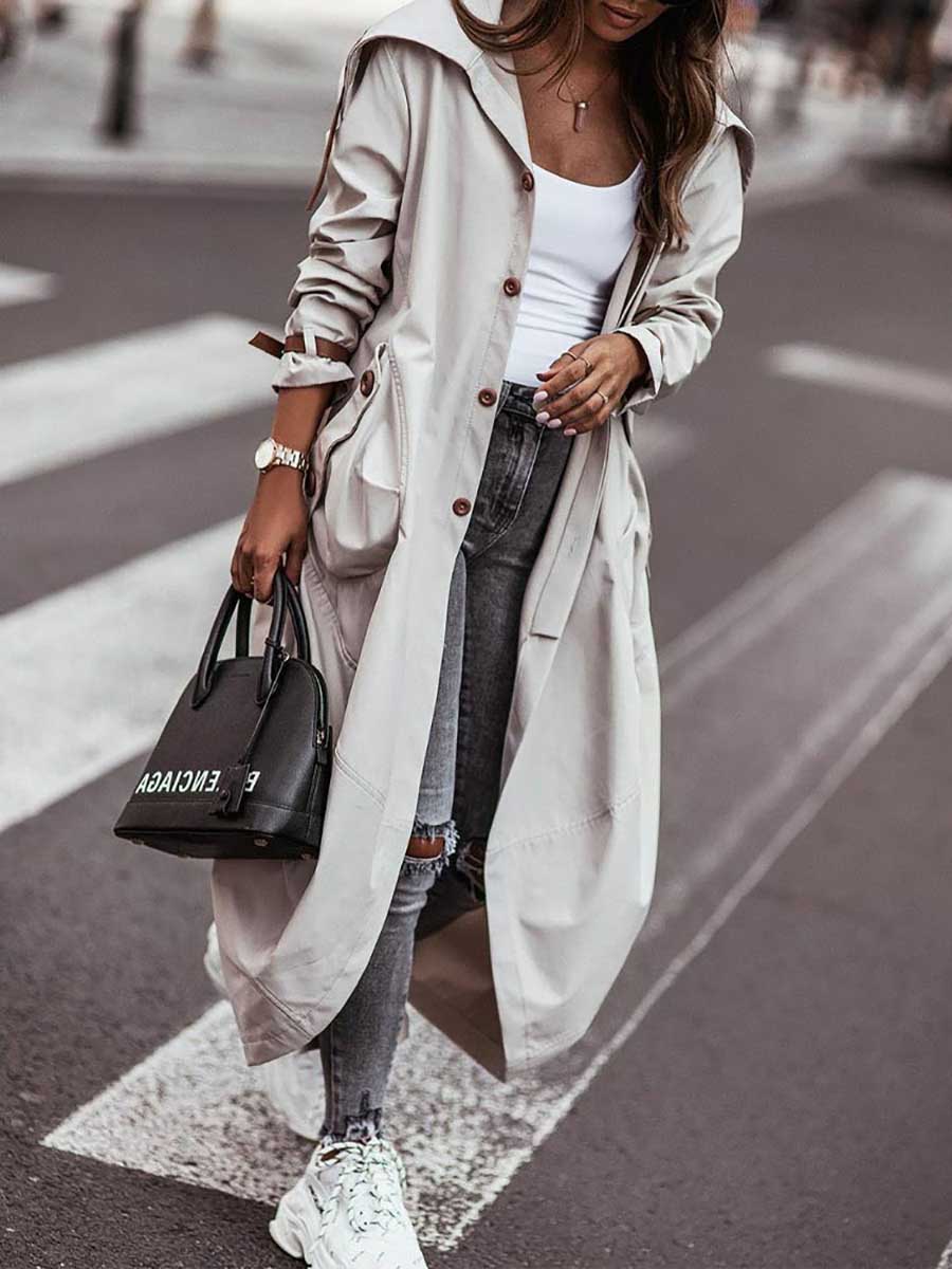 Large Lapel Mid-Length Trench Coat Jacket