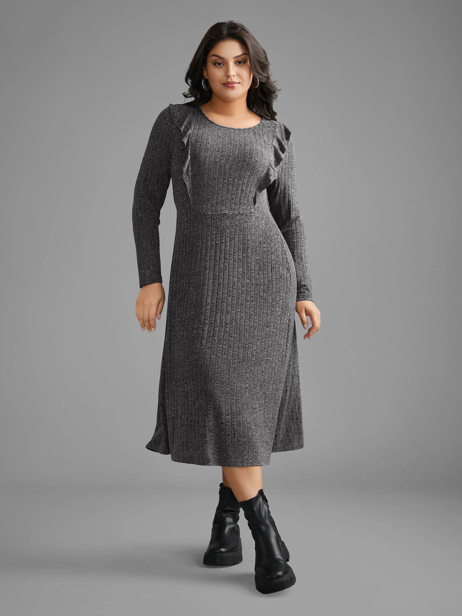 Crew Neck Ruffle Trim Knit Dress