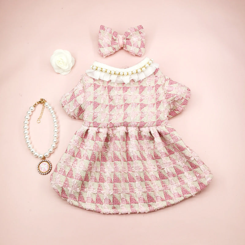 Plaid Pearl Bow Dog Cat Dress&Collar Set