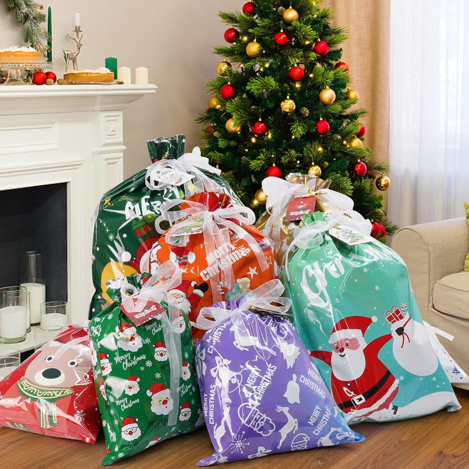 32pcs Gift Christmas Bags, 5 Assorted Sizes Holiday Xmas Gift Bags with Tags, Christmas Drawstring Bags for Gifts Wrapping Party Presents Decorations - Large Medium Small