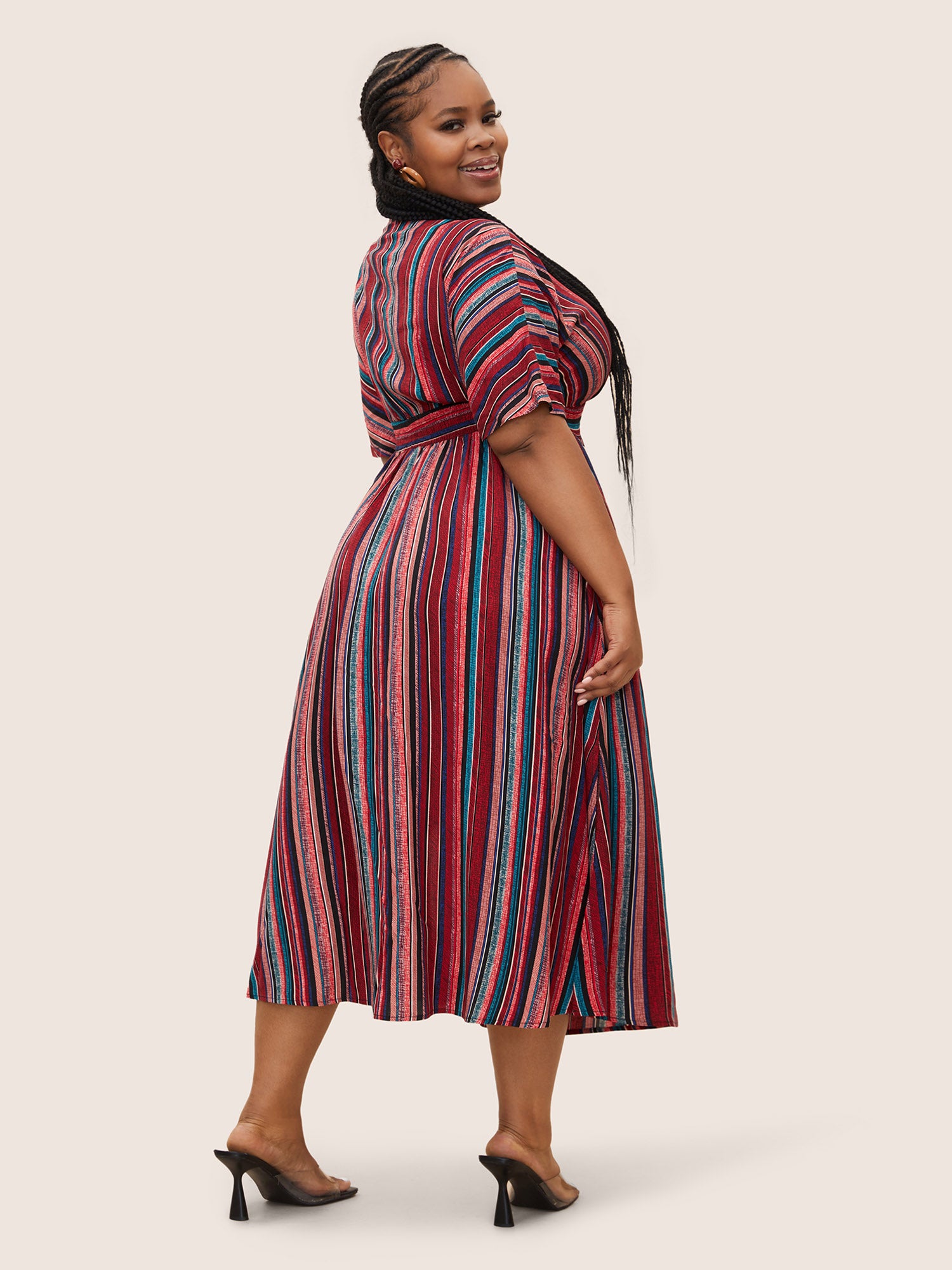 Striped Contrast Dolman Sleeve Shirred Pocket Split Flutter Dress