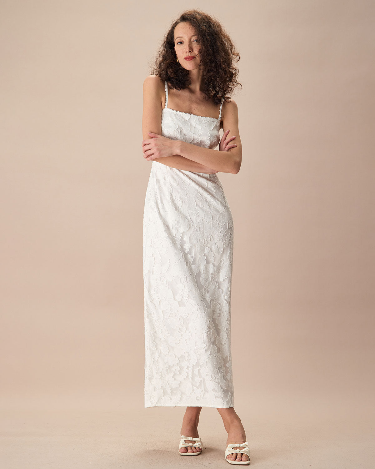 The White Square Neck Jacquard Slip Maxi Dress