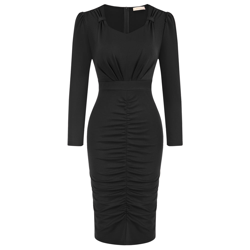 Seckill Offer⌛Vintage Ruched Dress Long Sleeve Defined Waist Bodycon Dress
