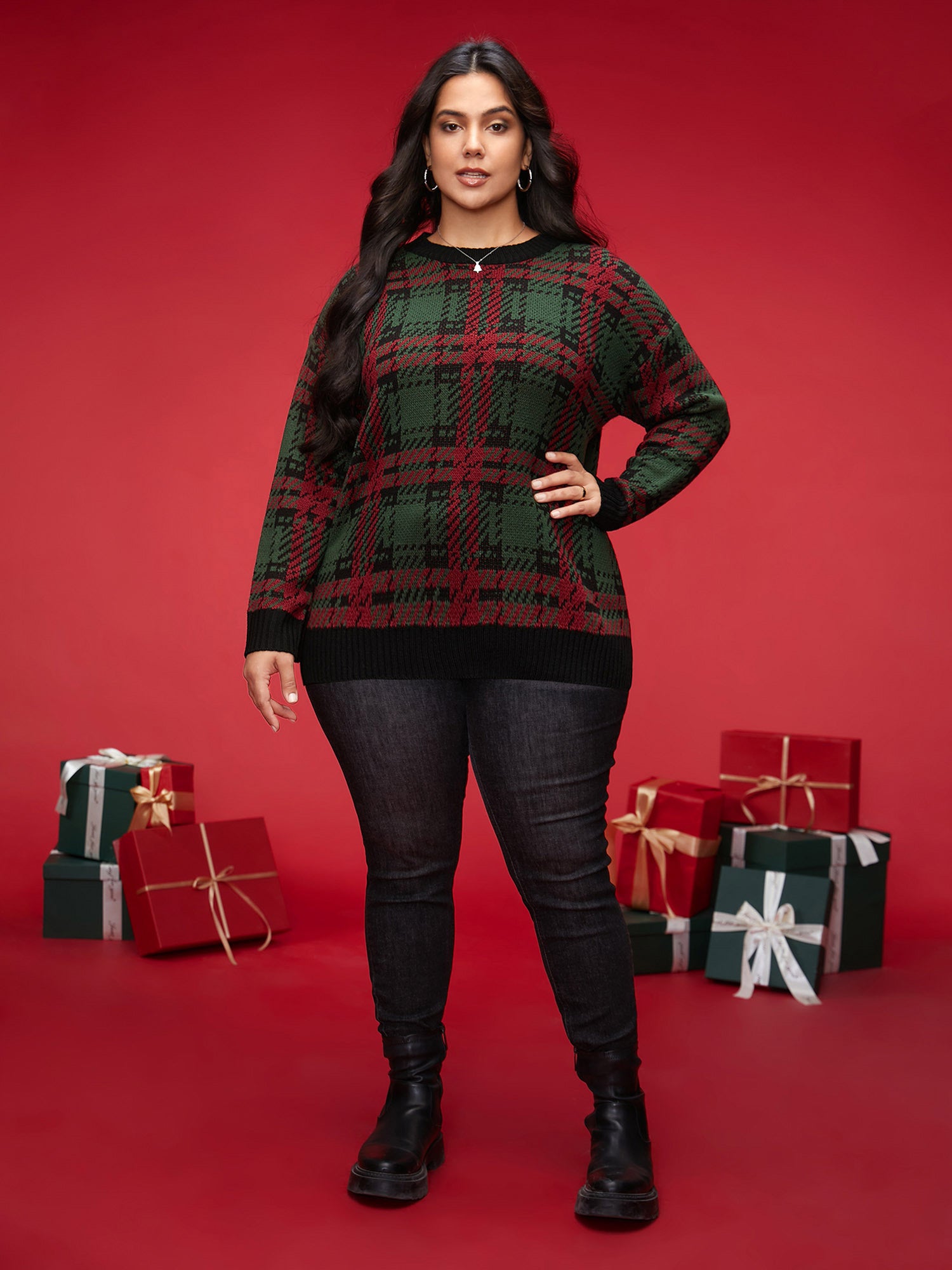 Jacquard Plaid Contrast Hemline Pullover