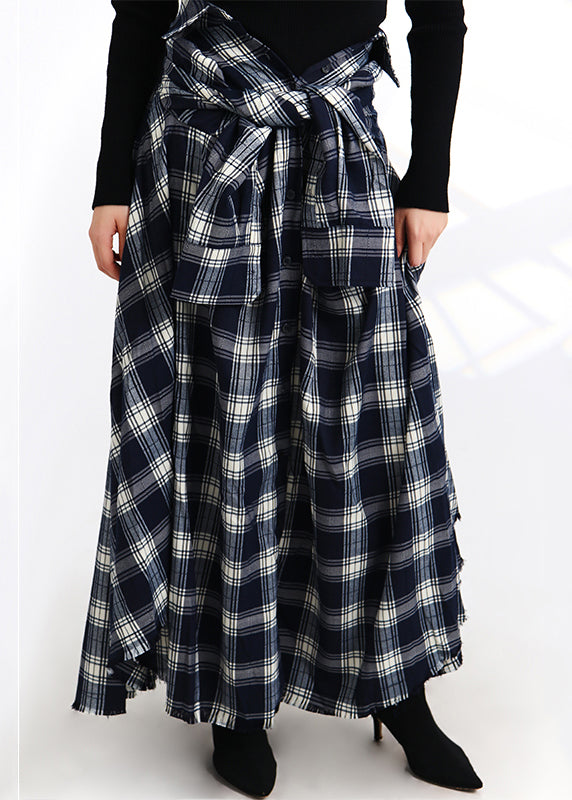 Plaid Lace Up Button Elastic Waist Cotton Skirt Spring