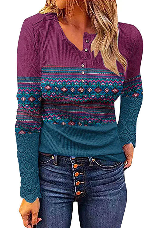 V Neck Buttons Printed Bottoming Shirt