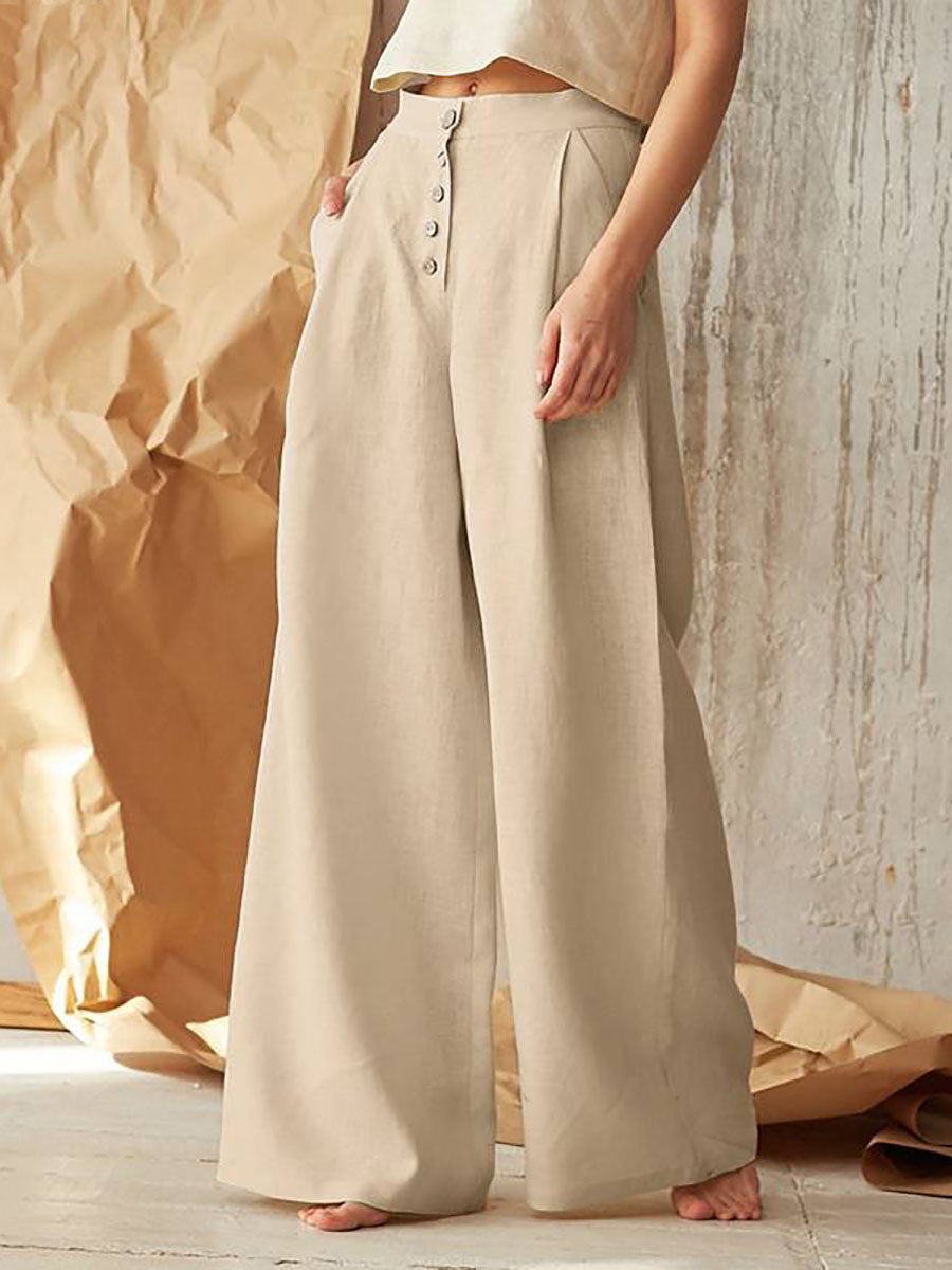Solid Color High Waist Casual Button Wide Leg Pants