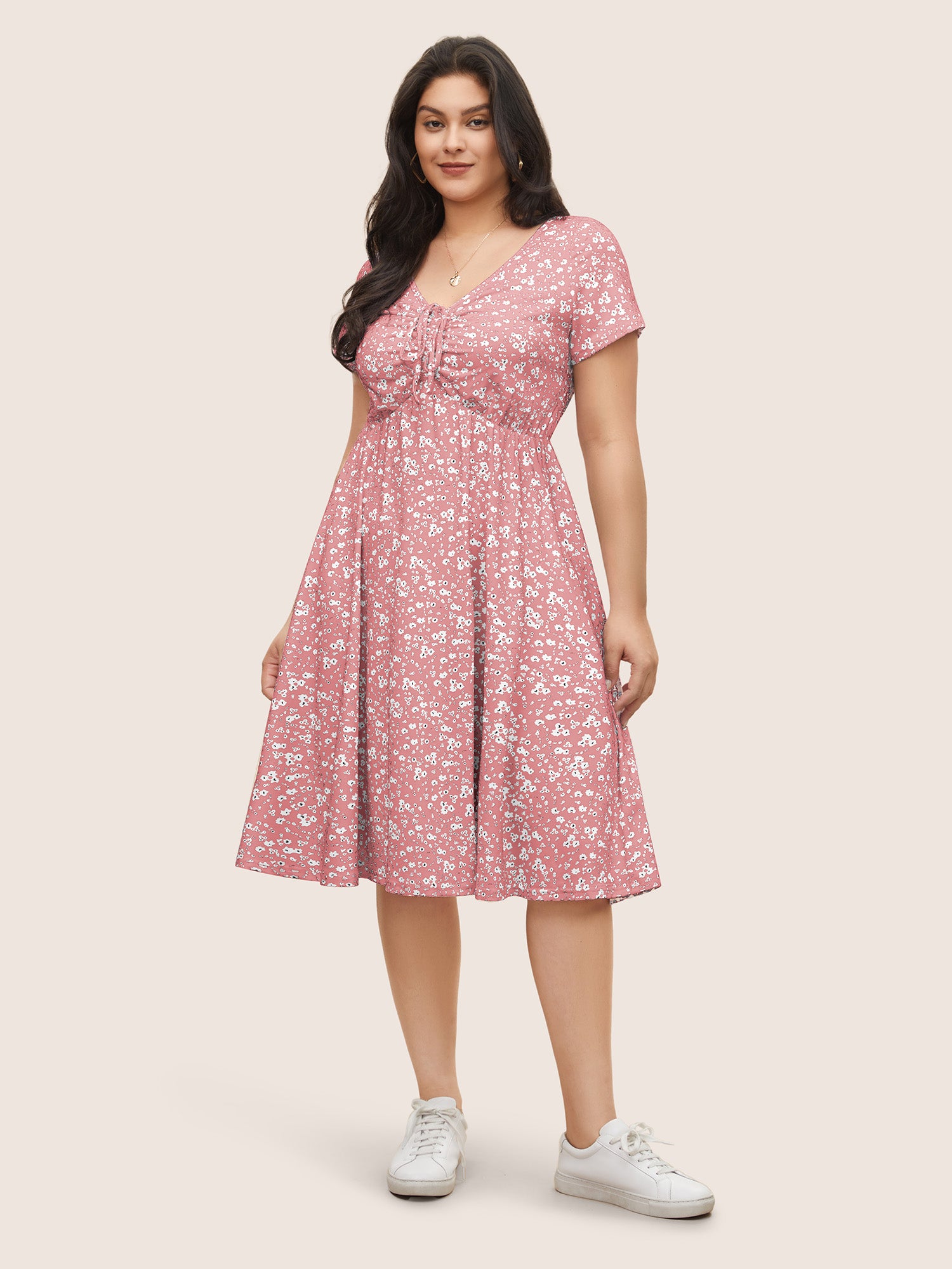 Ditsy Floral Elastic Waist Knot Drawstring Dress