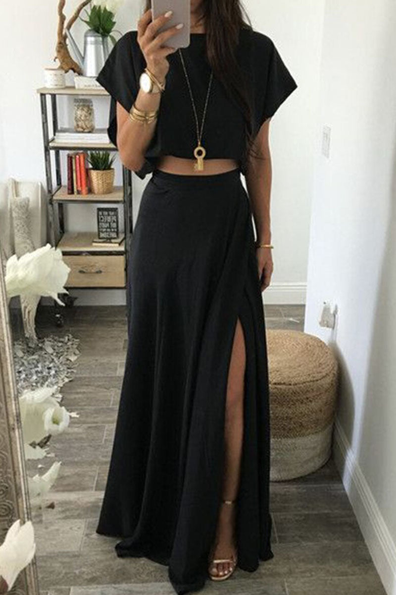 Fashion Casual Solid Split Joint O Neck Short Sleeve Two Pieces