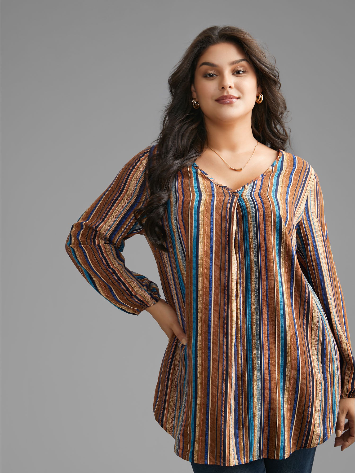 Contrast Striped Pocket Lantern Sleeve Blouse