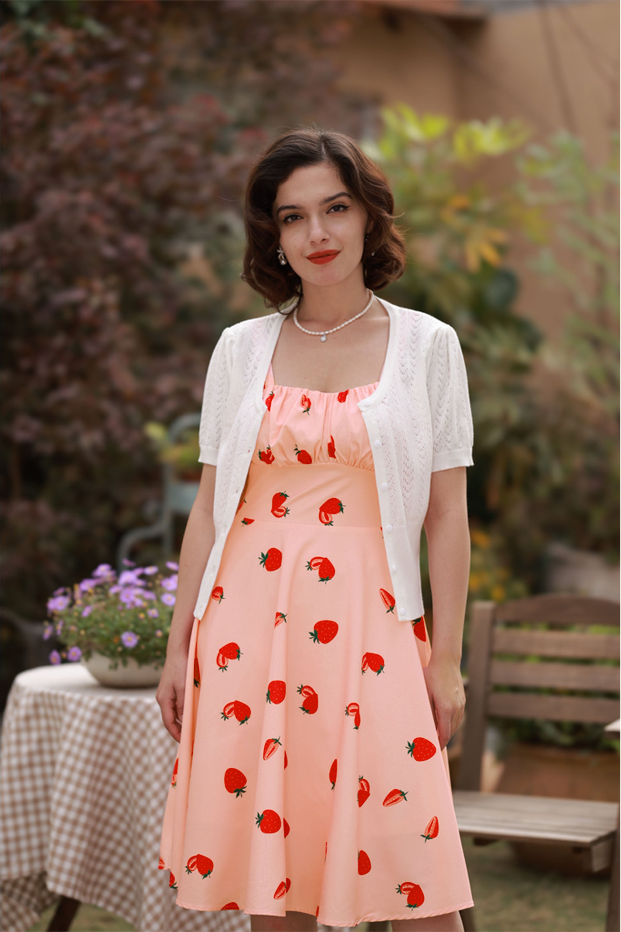 Vintage Fruit Printed Two-Way Defined Waist Dress Ruched Bodice Flared A-Line Dress