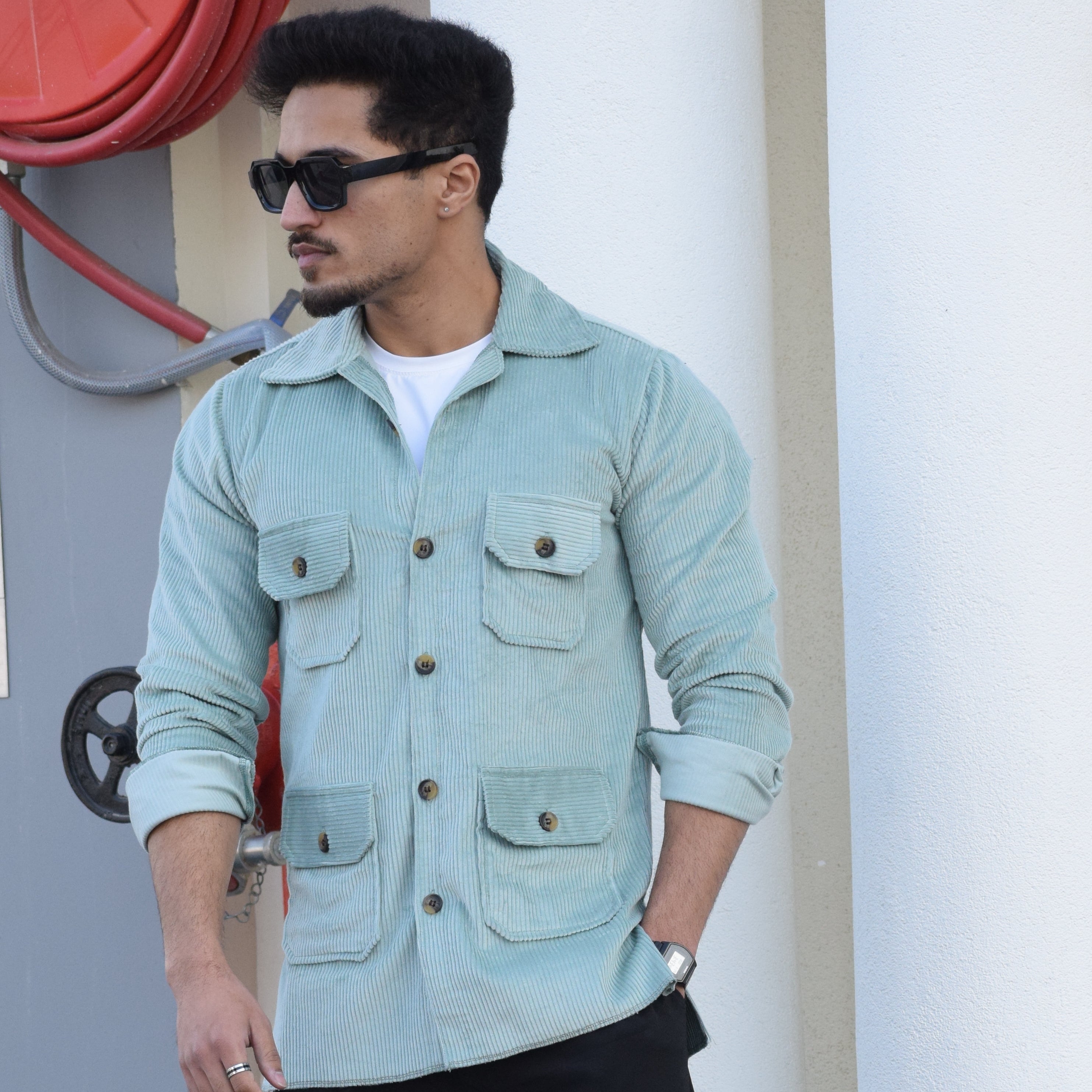 Ocean Blue Corduroy Hunting Shacket for Men