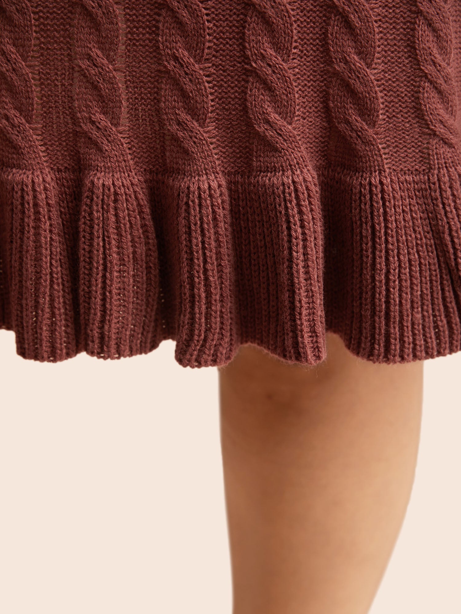 Round Neck Cable Knit Ruffle Trim Sweater Dress