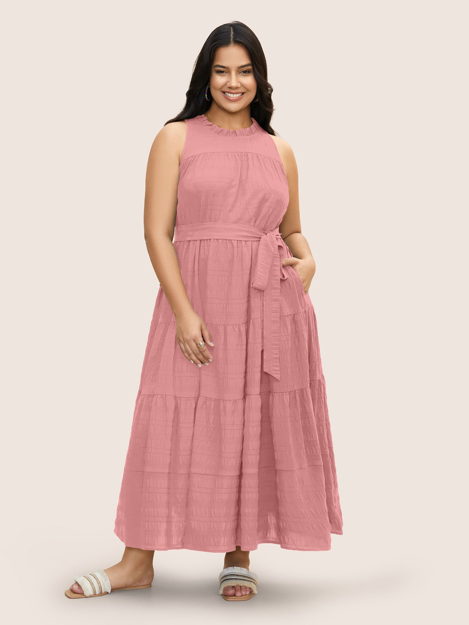 Plain Textured A-line Frill Trim Dress