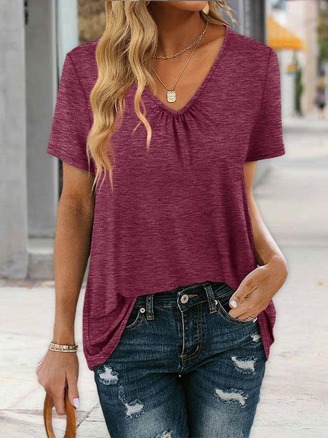 Women's V-Neck Gathered Loose Short Sleeve T-Shirt