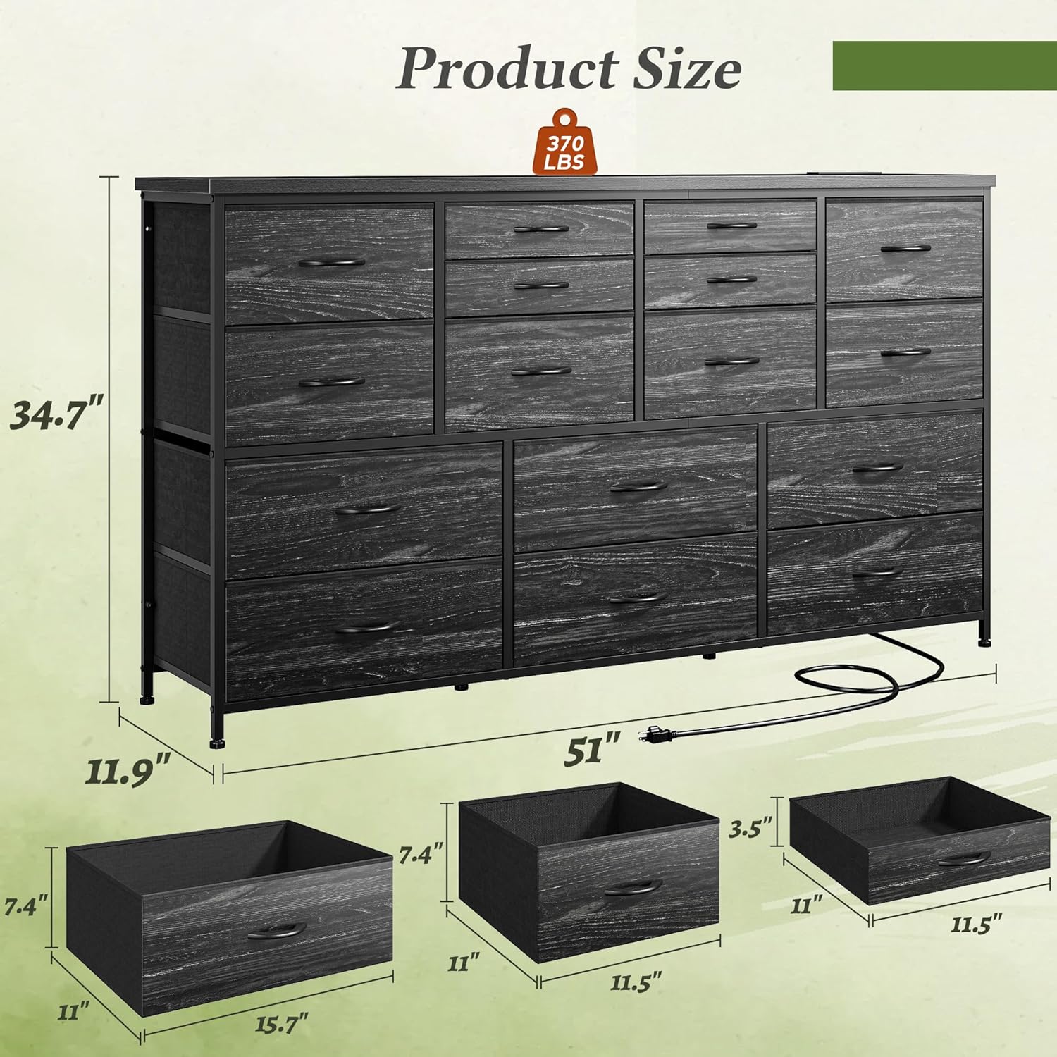Dresser for Bedroom with 16 Fabric Drawers Long Dresser with Charging Station TV Stand for 60
