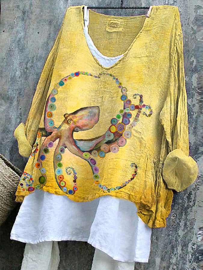 Women's Retro Style Loose Versatile Octopus Printed Long -Sleeved T -Shirt