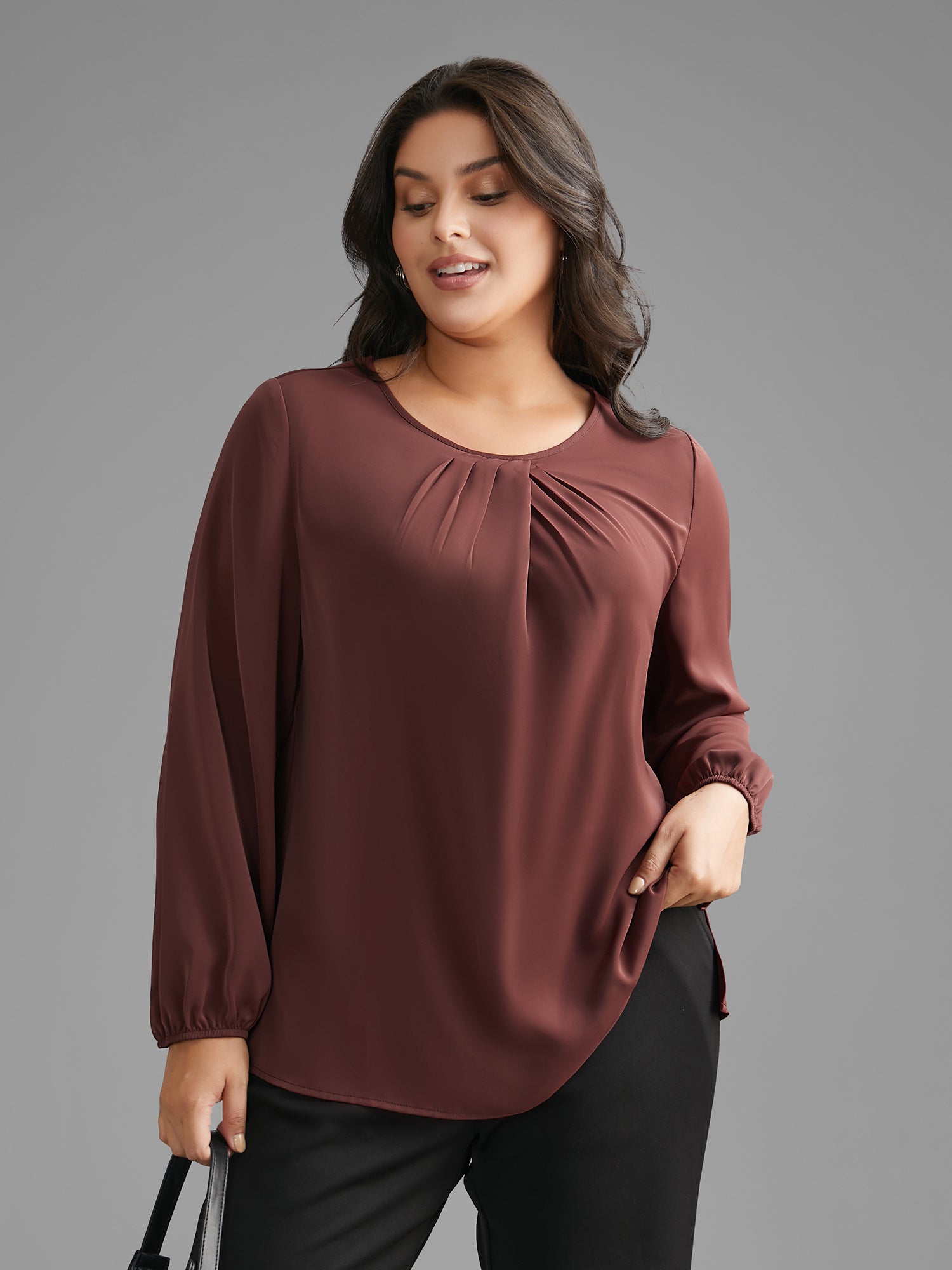 Solid Crew Neck Lantern Sleeve Blouse