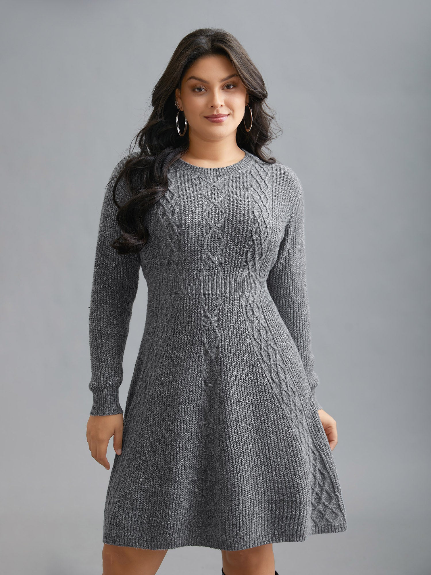 Cable Knit Ribbed Waist Cinched Midi Sweater Dress