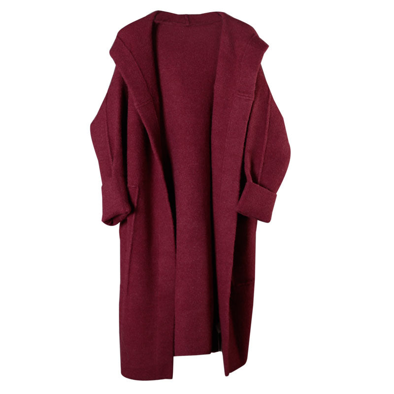 Plus Size Mulberry Loose Pockets Fall Hooded  Long Sleeve Sweaters Coat