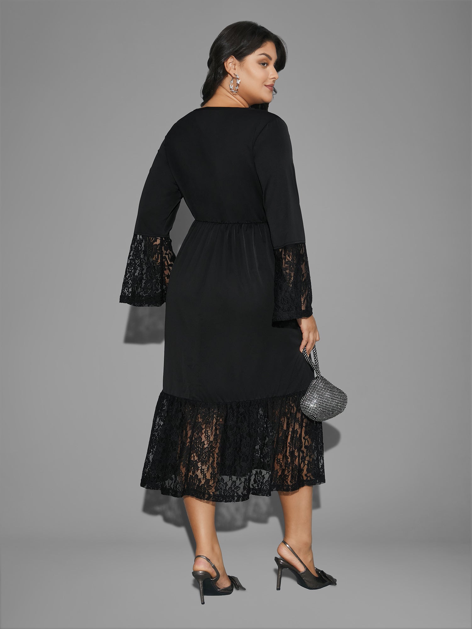 Lace Patchwork Button Detail Tie Knot Dress