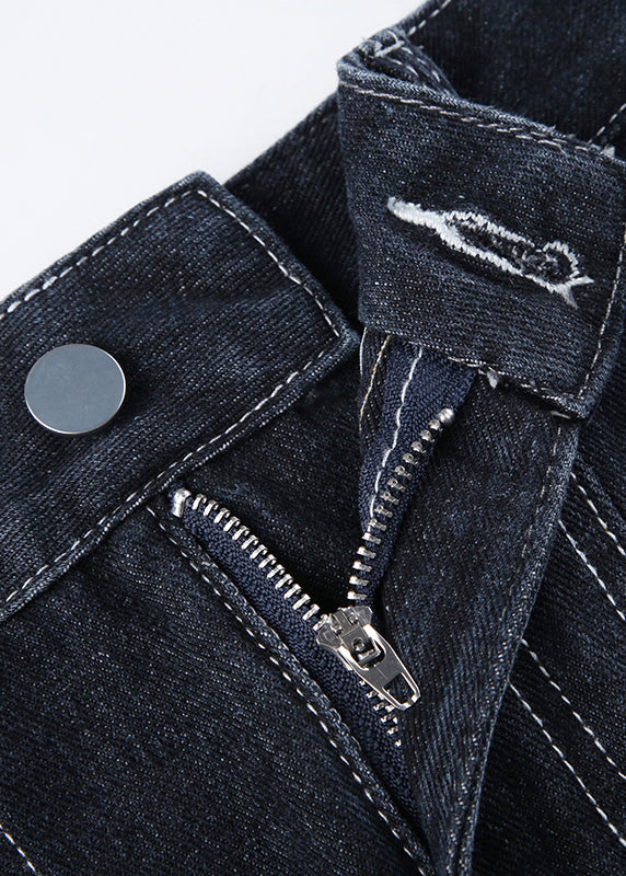 Black Zippered High Waist Denim Fishtail Skirt Fall