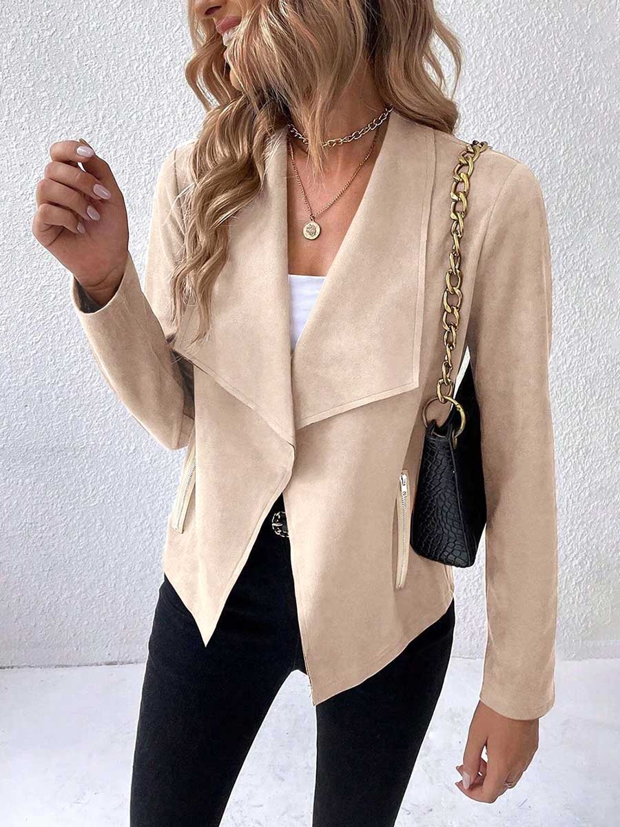 Leather Velvet Lapel Long Sleeve Zipper Jacket