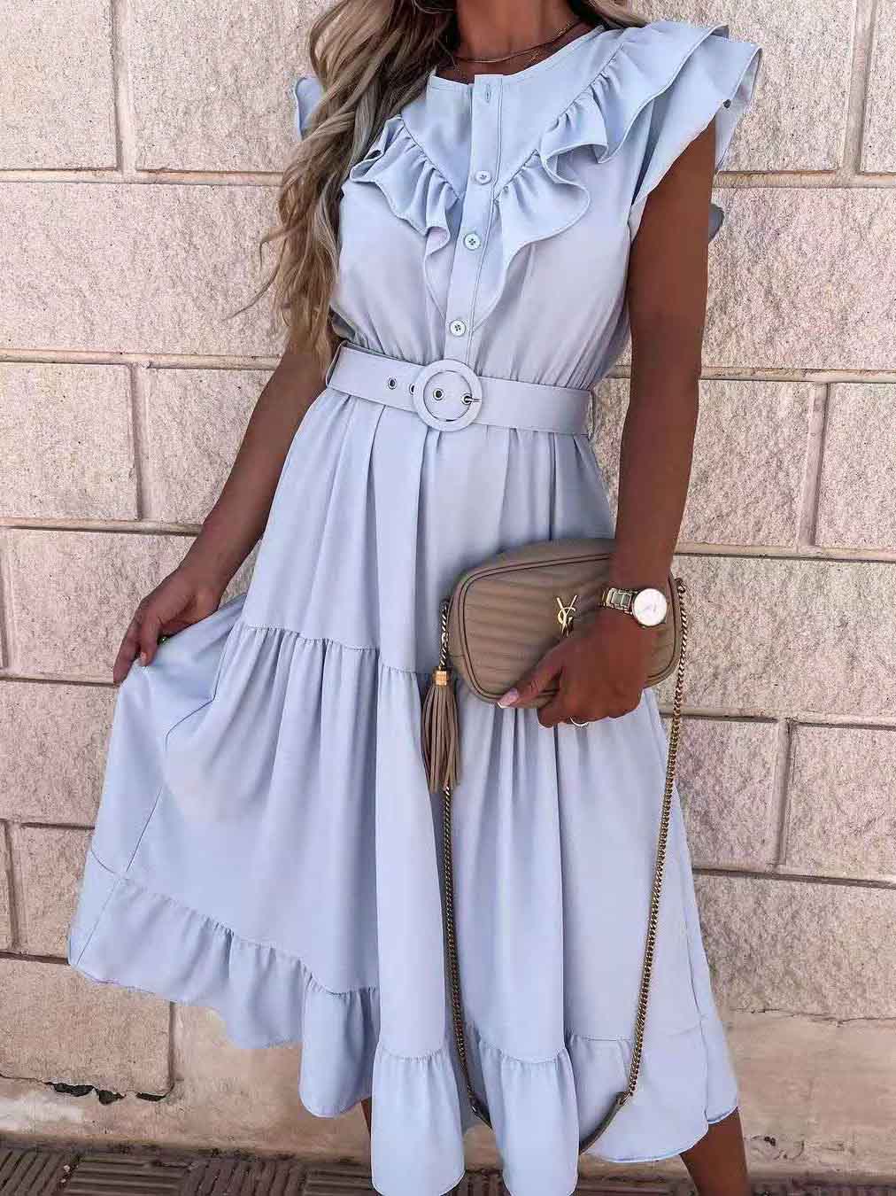 Fashion V Neck Belt Short Sleeve Dress