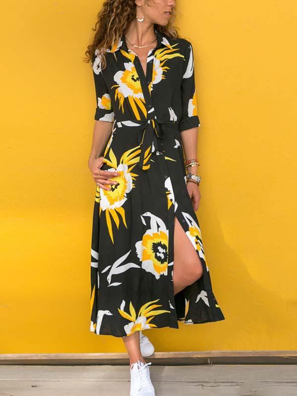 Printed V-neck Belt Dress