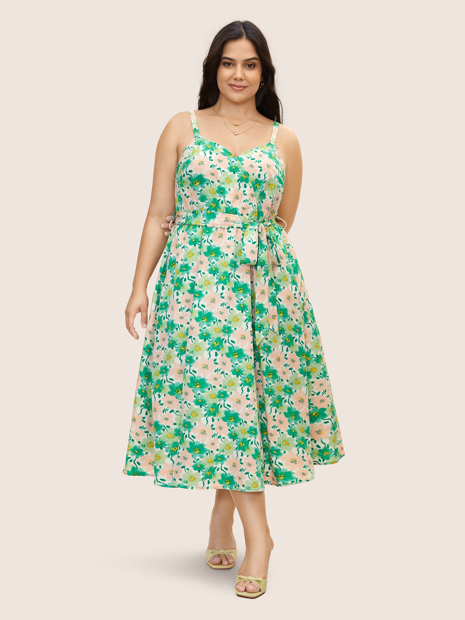 Floral Surplice Neck Belted Midi Dress