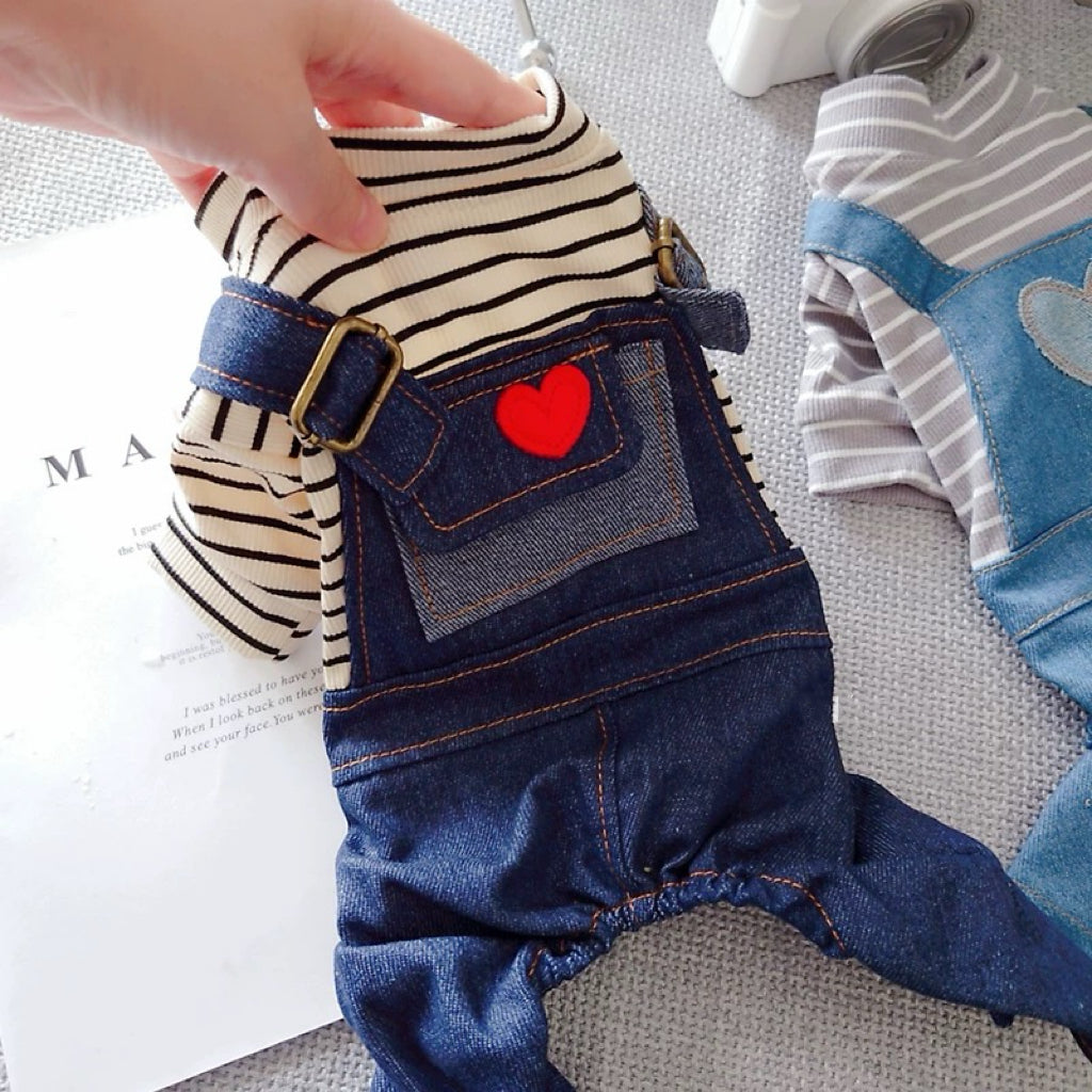 Striped Heart Pattern Denim Dog Jumpsuits