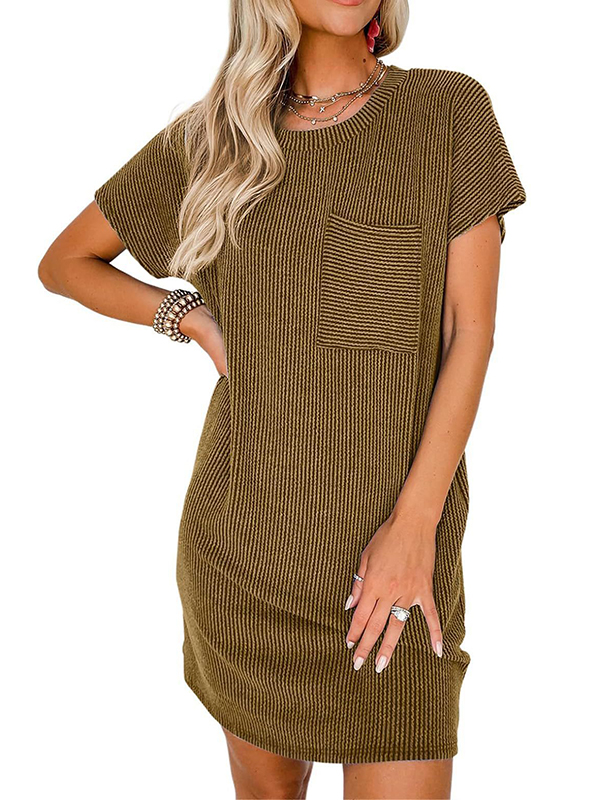 A-Line Loose Contrast Color Pockets Split-Joint Striped Round-Neck Mini Dresses