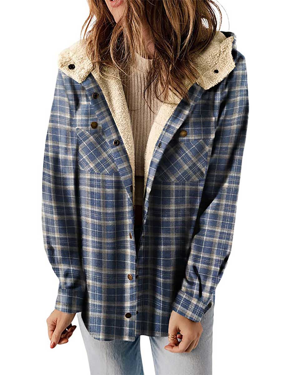 Plaid Long Sleeve Shirt Hooded Thickened Jacket