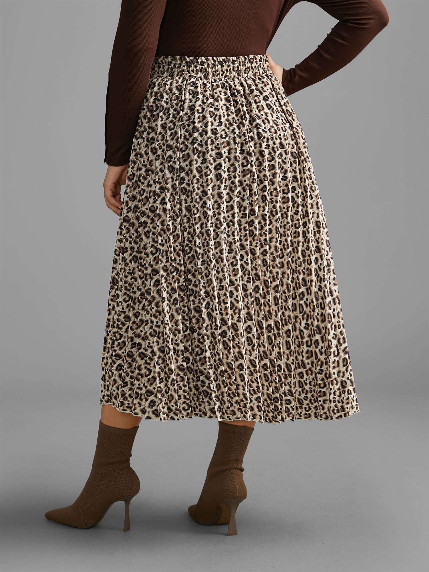 Leopard Print Pleated Elastic Waist Skirt