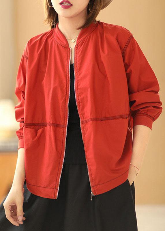 Boutique Red Stand Collar Zippered Pockets Fall Jacket Long Sleeve