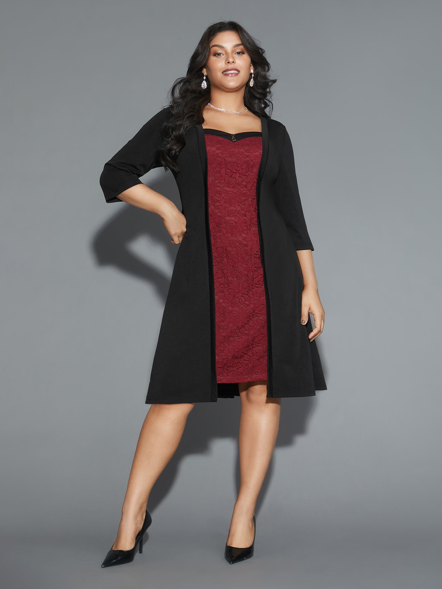 Lace Heart Neckline Pocket Midi Dress