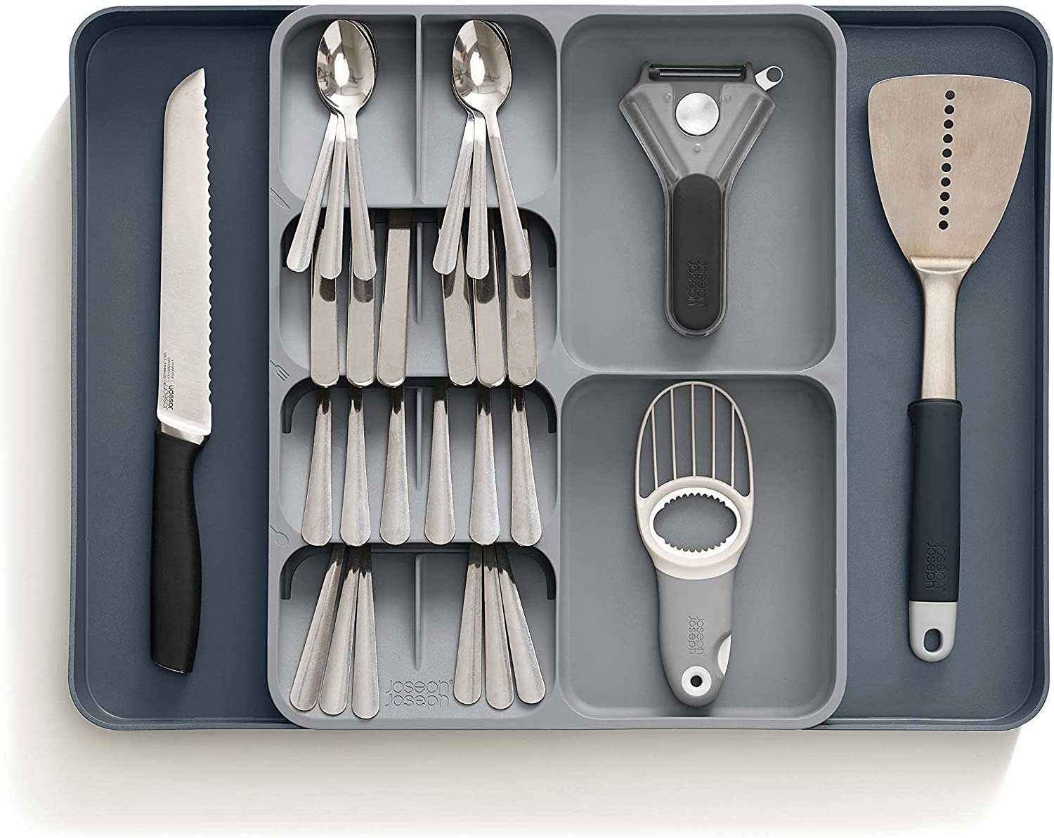 Kitchen Drawer Organizer Tray For Cutlery Utensils And Gadgets. Expandable. Gray