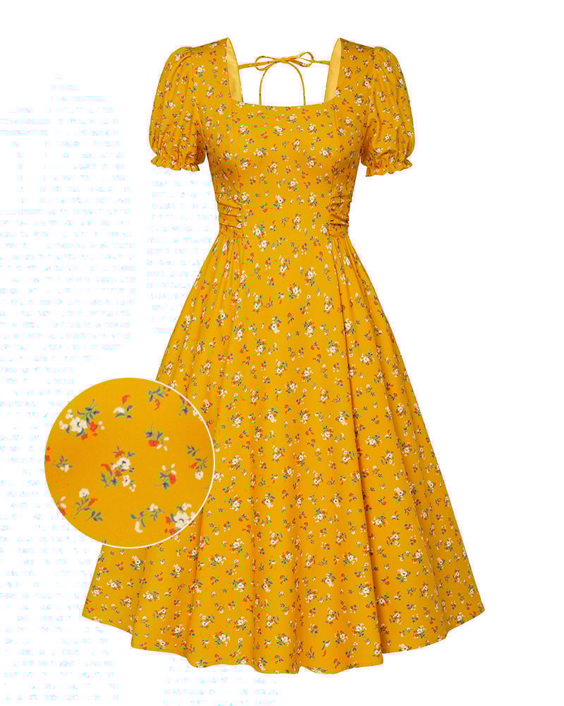 Vintage Daisy Flower Print Cottagecore Cocktail Dresses Square Neck Puff Sleeve Dress with Pockets