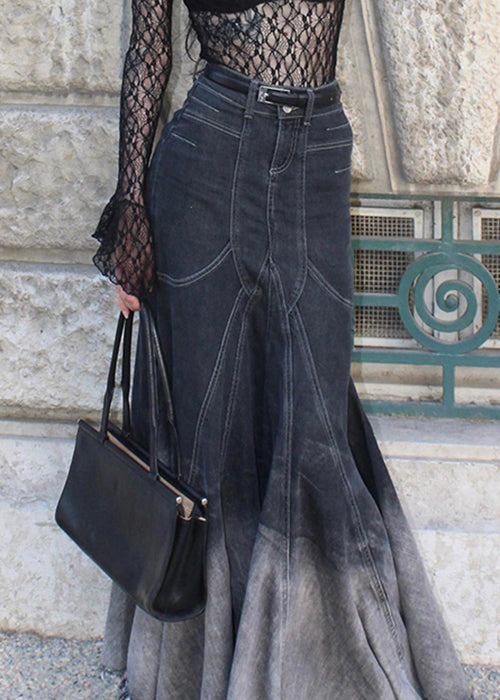 Black Zippered High Waist Denim Fishtail Skirt Fall