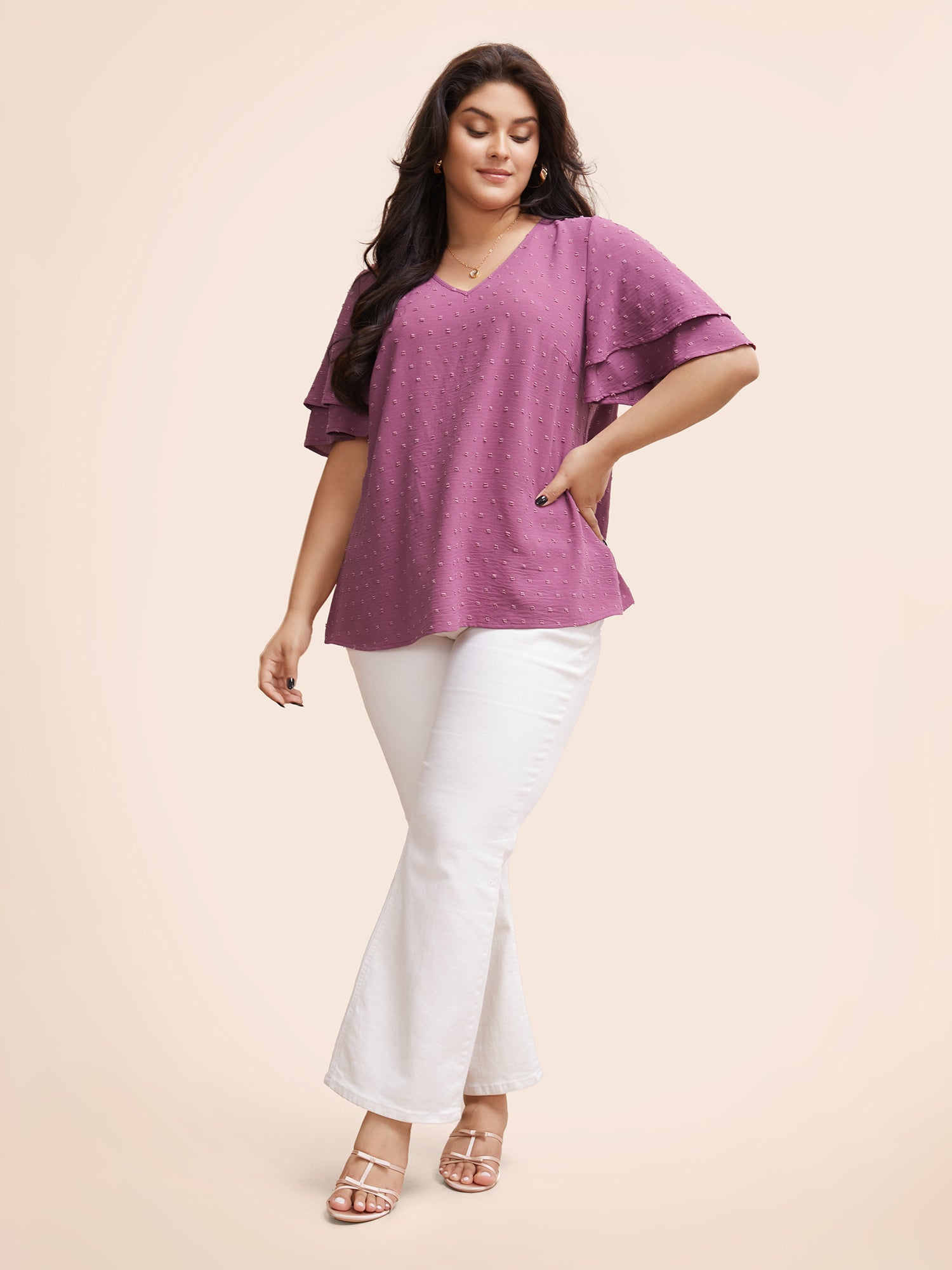 Plain Ruffle Tiered Sleeve V Neck Polka Dot Blouse