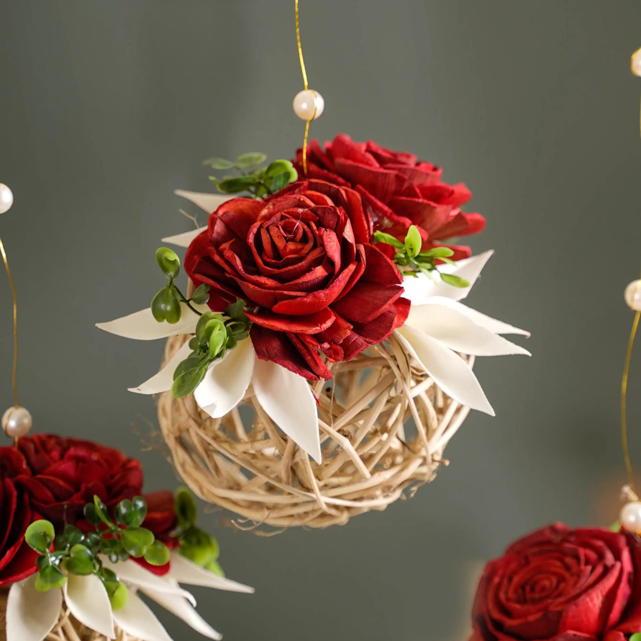 Natural Rose Rattan Hanging Decoration Sustainable Set Of 4