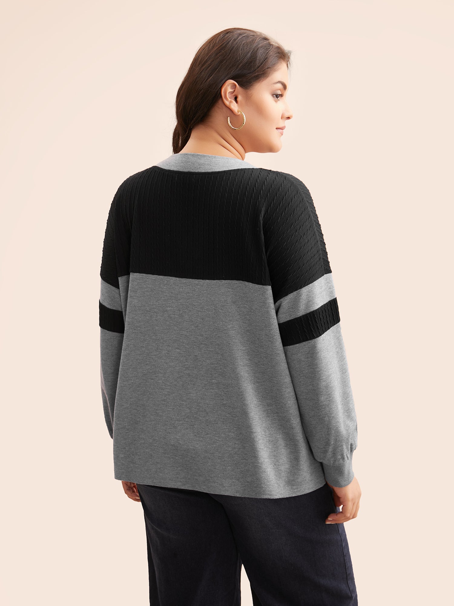 Texture Patchwork Contrast V Neck Sweatshirt