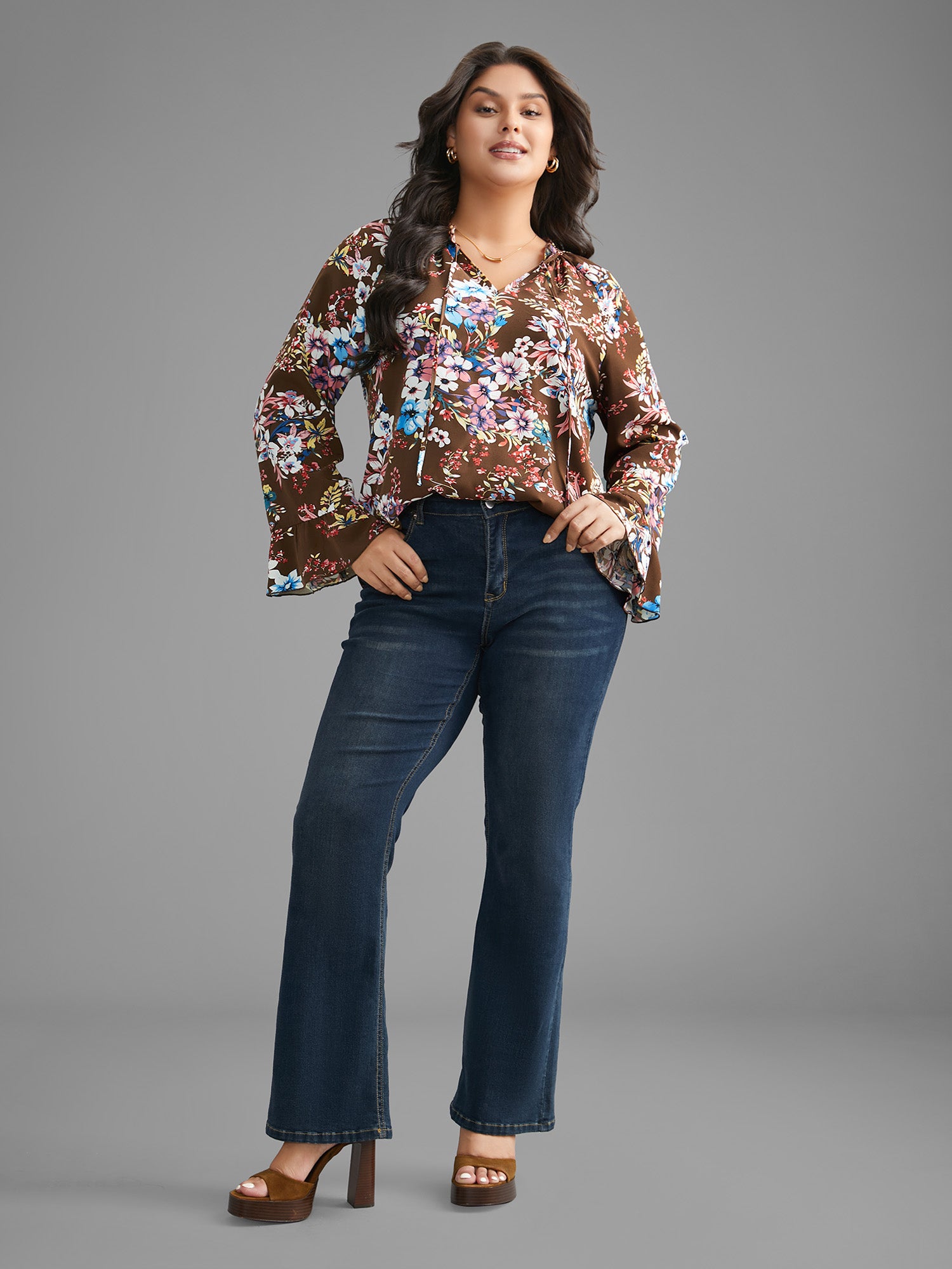 Floral Tie Knot Flutter Sleeve Blouse