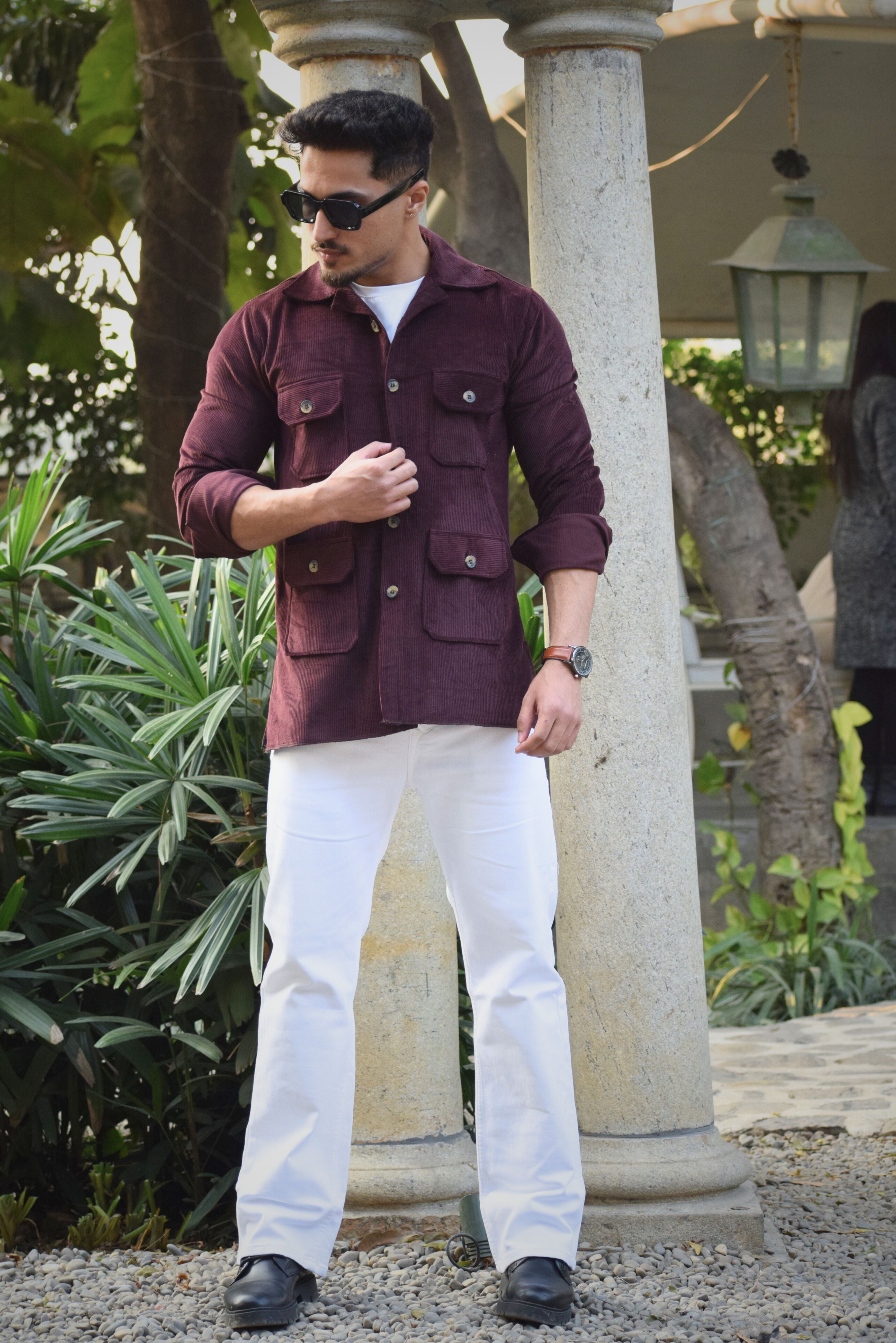 Wine Corduroy Hunting Shacket for Men