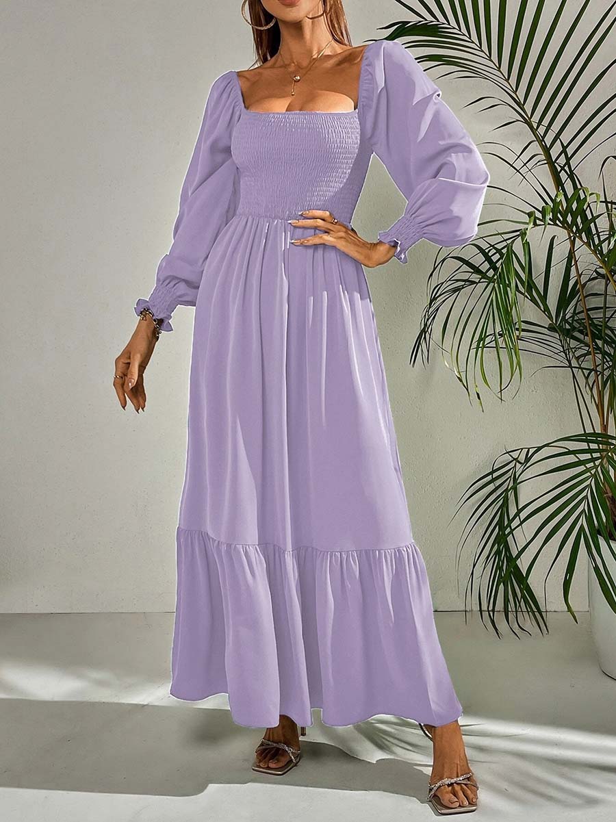 Square Neck Long Sleeve Ruffle High Waist Dress (5 colors)