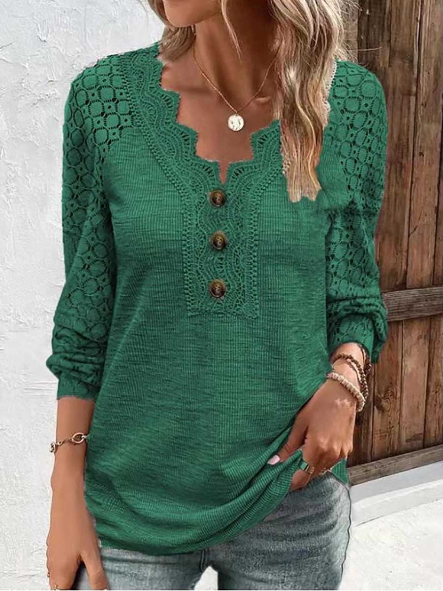 Comfortable Casual Lace Splicing V-Neck Pullover Top Women's T-Shirt