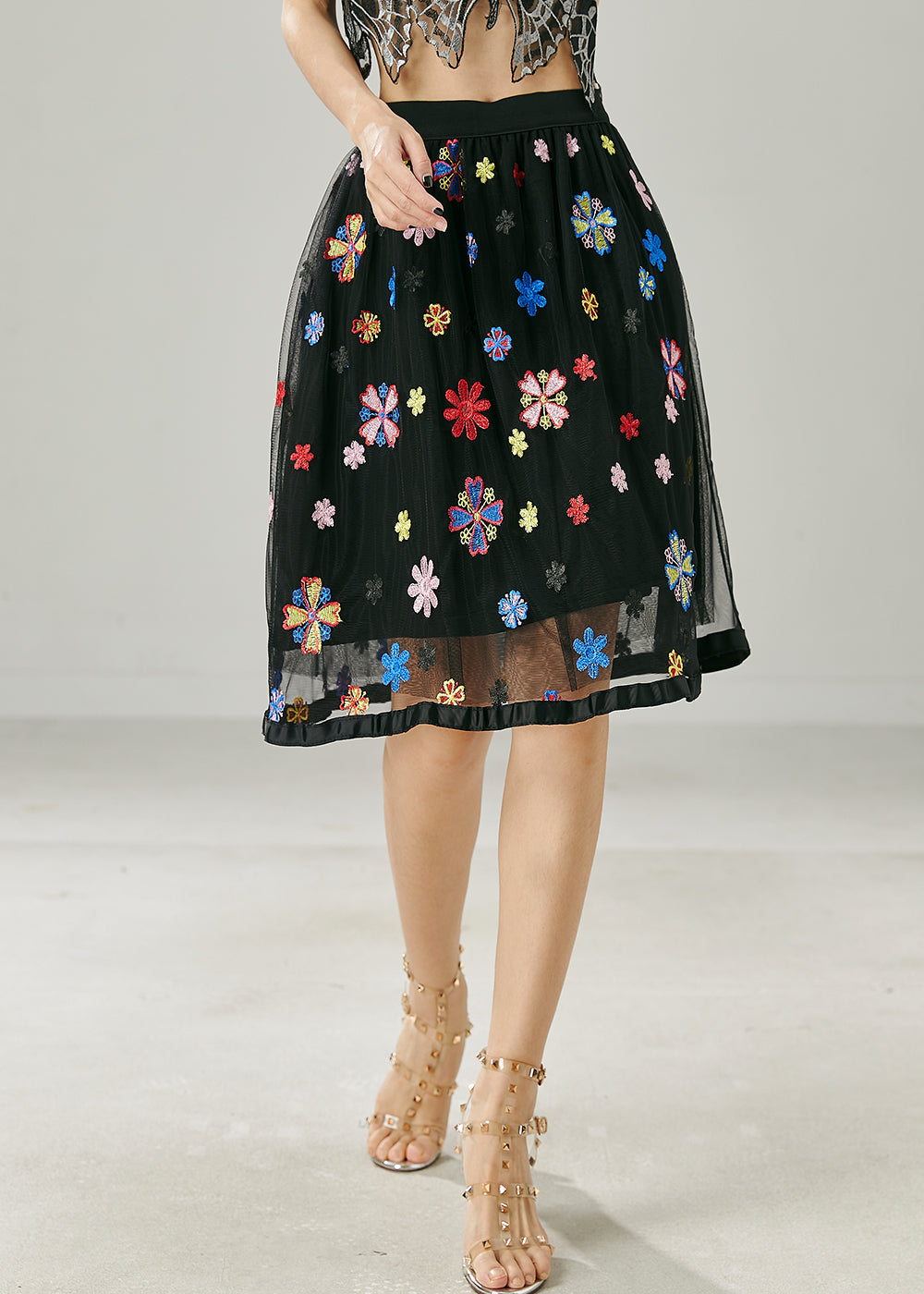 Plus Size Black Embroidered Floral Tulle Skirt Summer